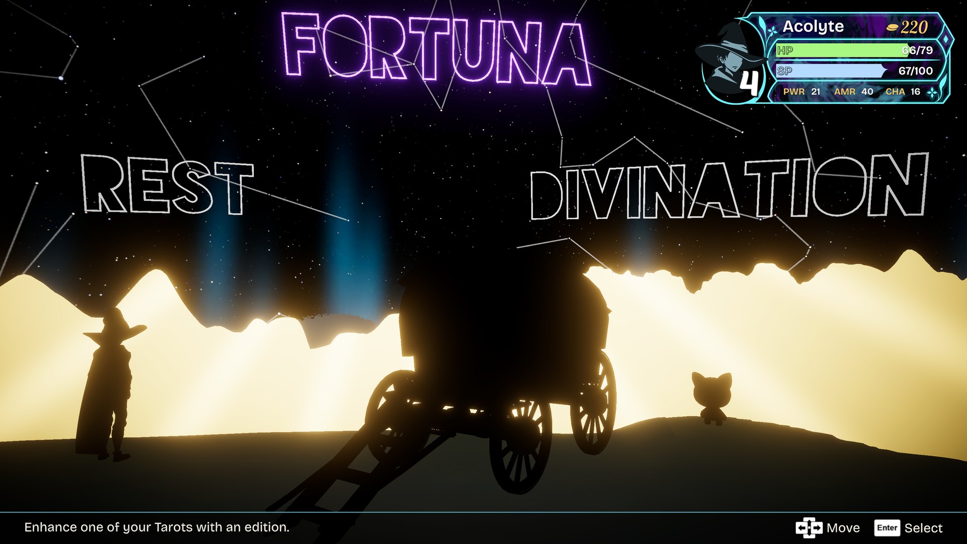 Carta Bellum camp screenshot, Rest, Fortuna, and Divination under a starry sky