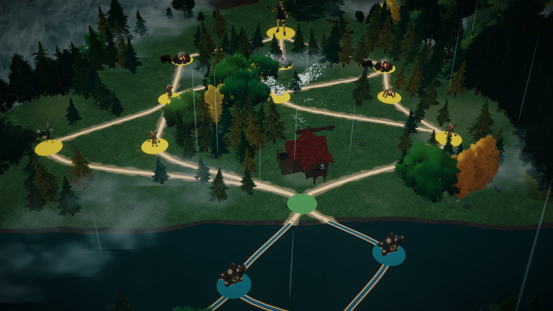 Carta Bellum map screenshot, a board of branching paths through a rainy forest