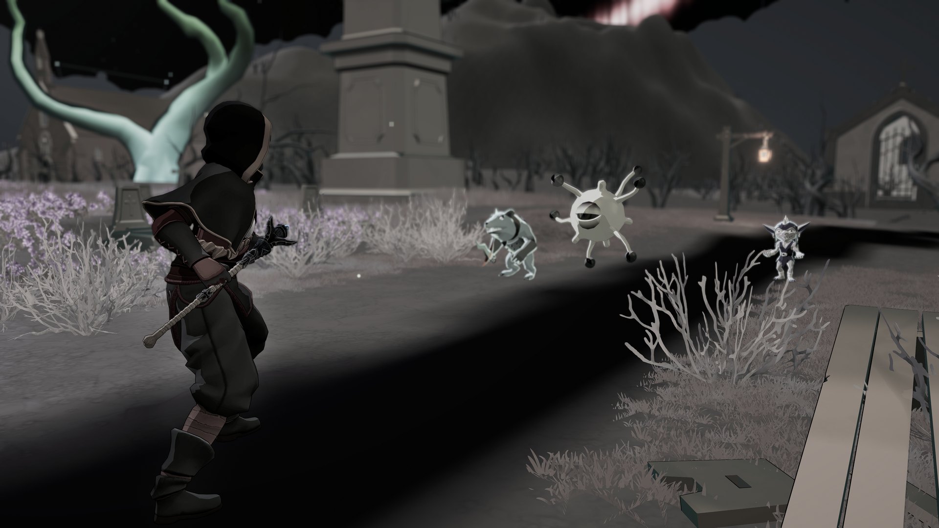 Carta Bellum Necropolis screenshot, a hooded caster facing three monsters in a moonlit graveyard