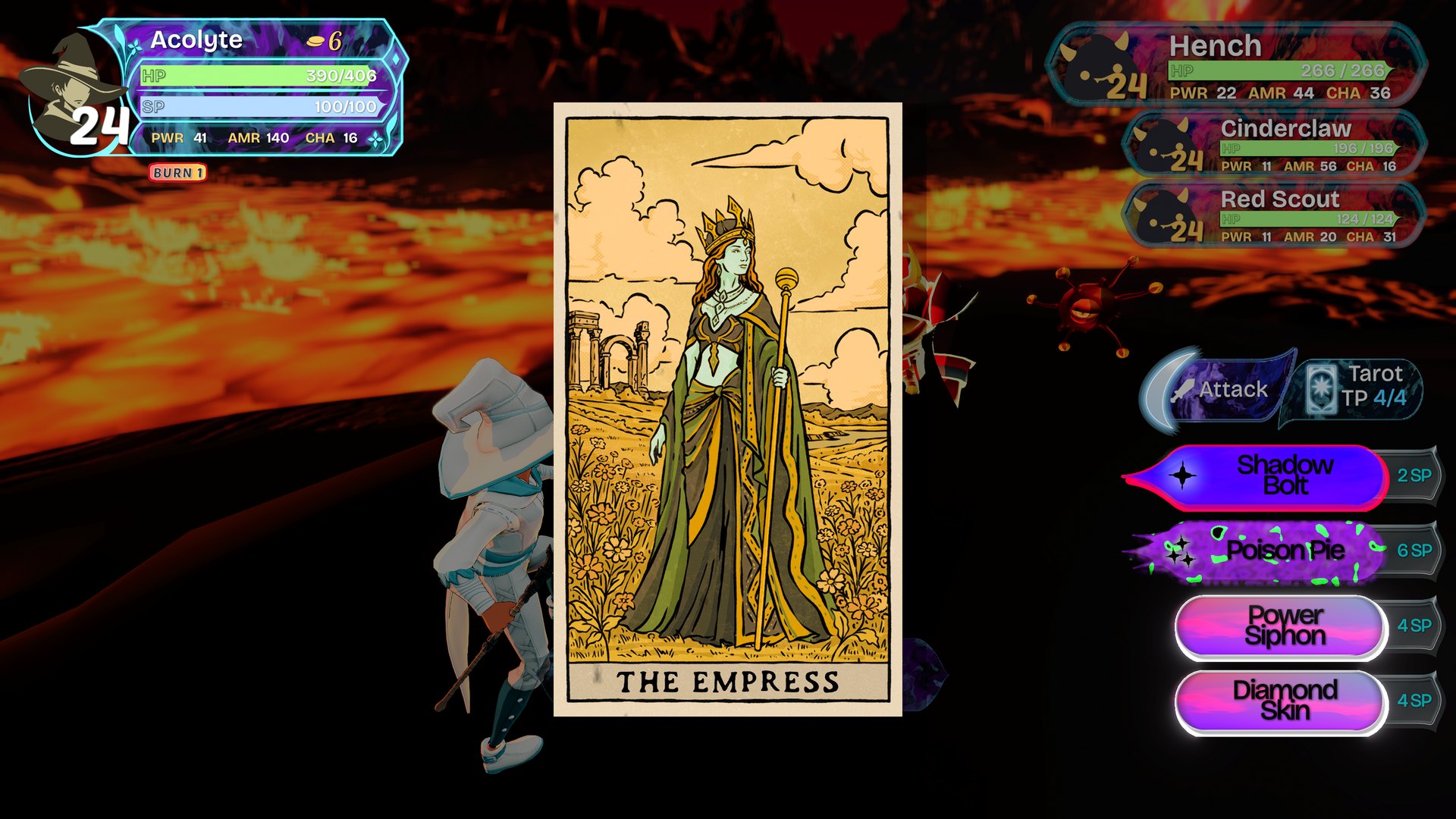 Carta Bellum tarot screenshot, The Empress card played in a battle beside a lava river